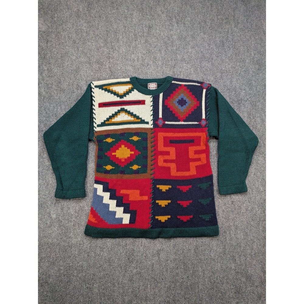 Vintage Southwestern Knit Sweater Aztec Pattern Womens M Patchwork Thick Chunky‎